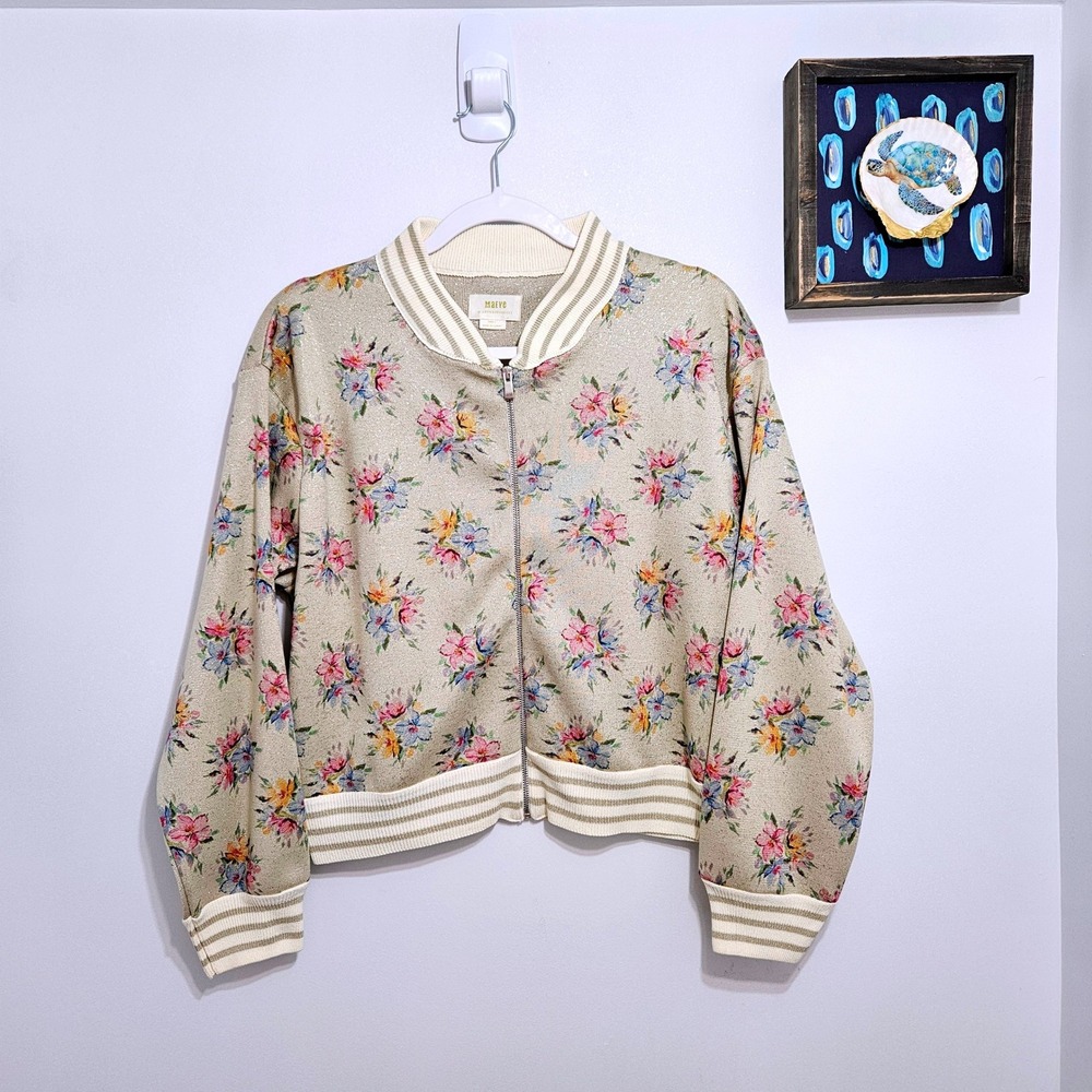 Maeve Anthropologie Knit Bomber Jacket Lurex Printed Floral Retro Gold Cream S